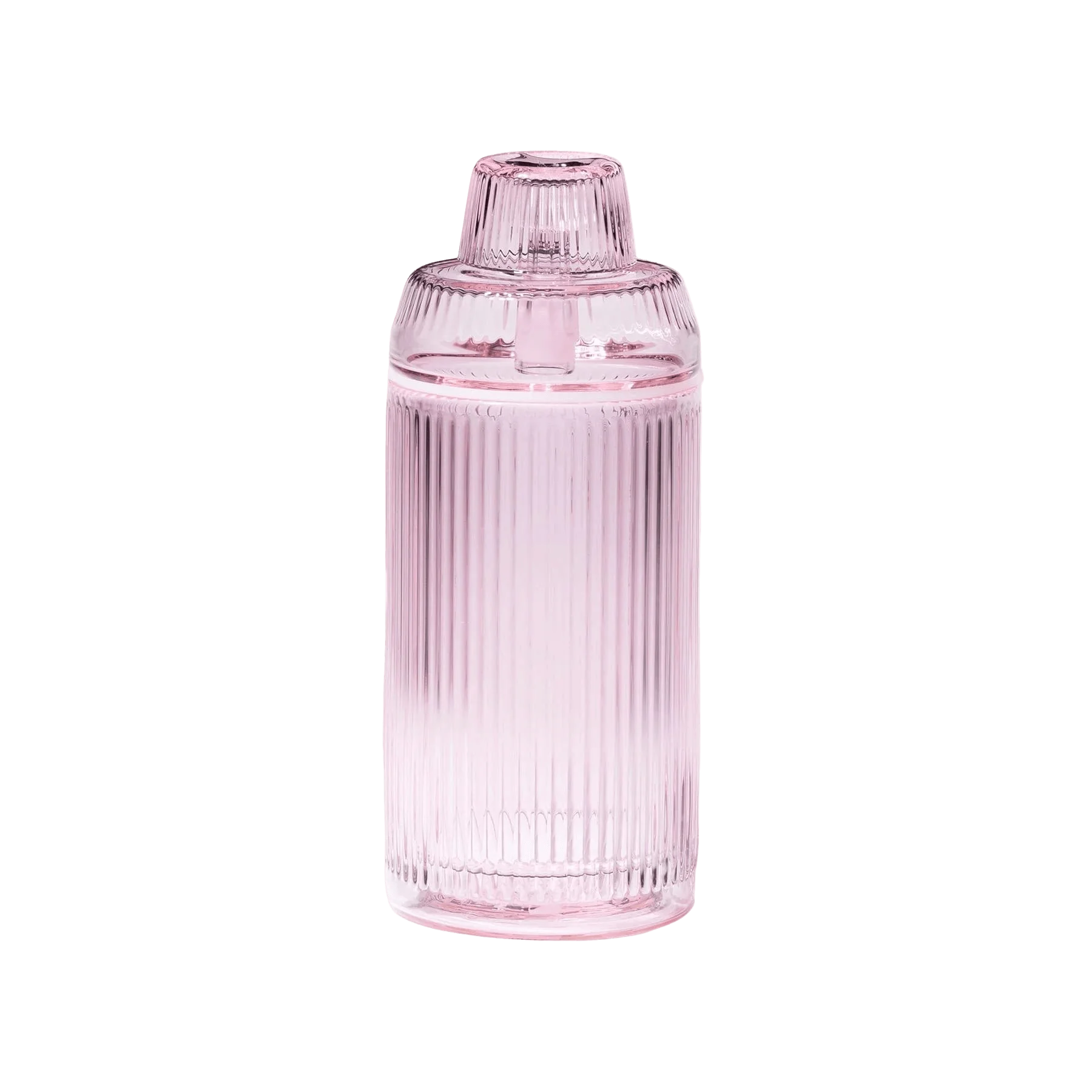 Pink glass cannabis beverage bottle with ribbed texture and push-pop cap, empty