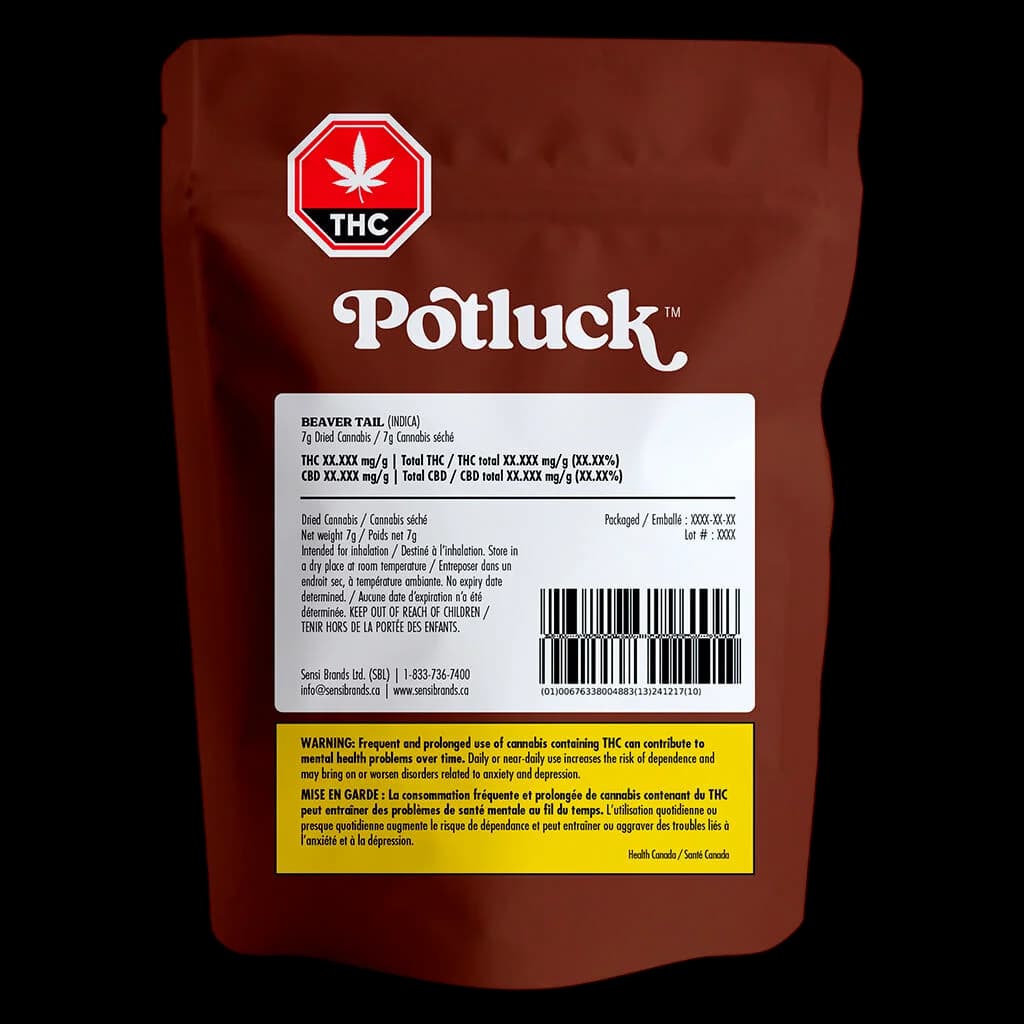 Potluck Beaver Tail 7g dried cannabis flower in brown pouch with red THC symbol, product label, and Health Canada warning