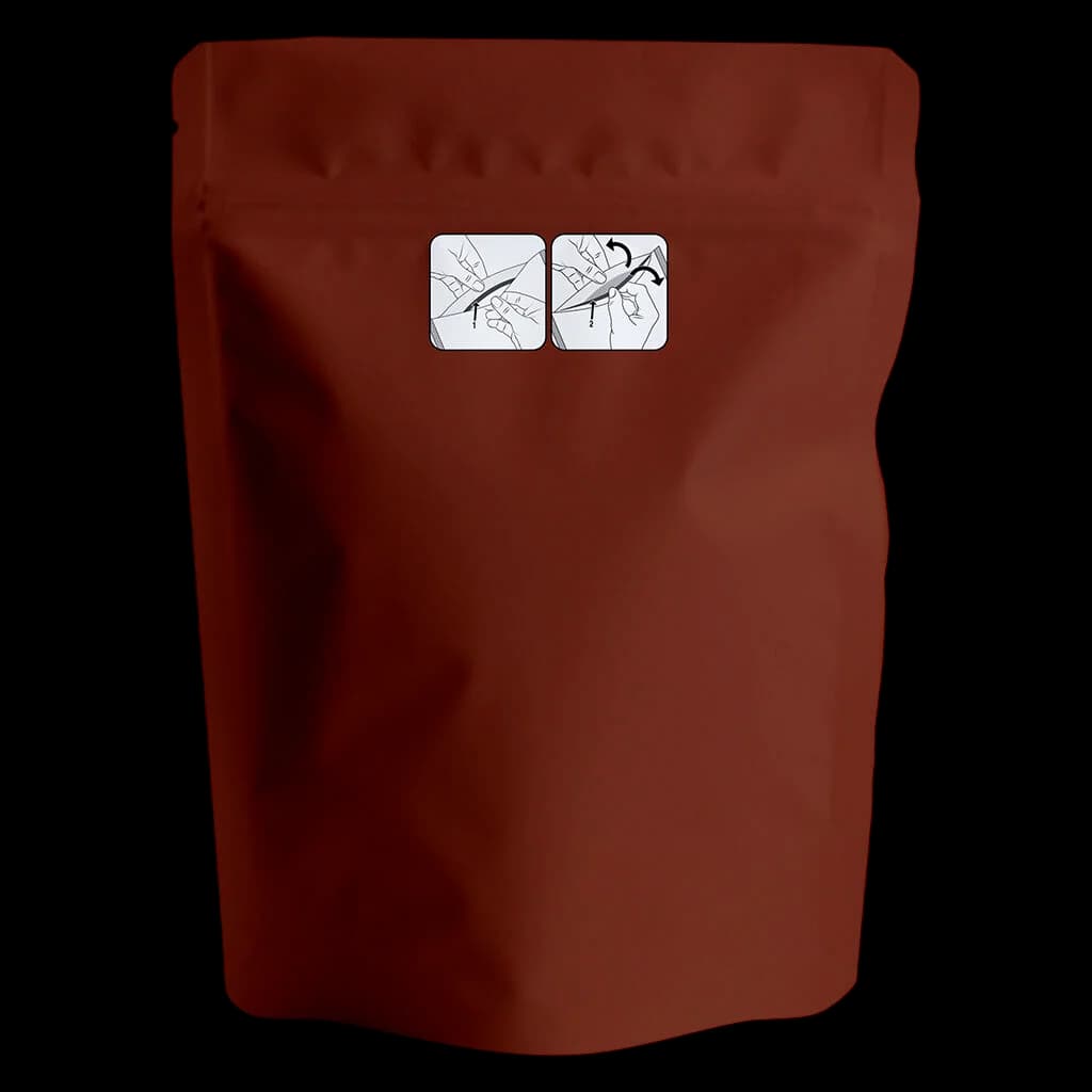 Potluck Beaver Tail cannabis dried flower in burgundy pouch with tear-open instructions