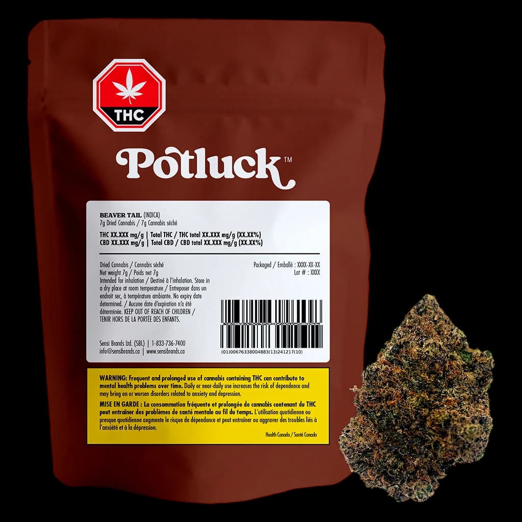 Potluck Beaver Tail 7g dried cannabis flower in brown pouch with red THC symbol and yellow Health Canada warning label