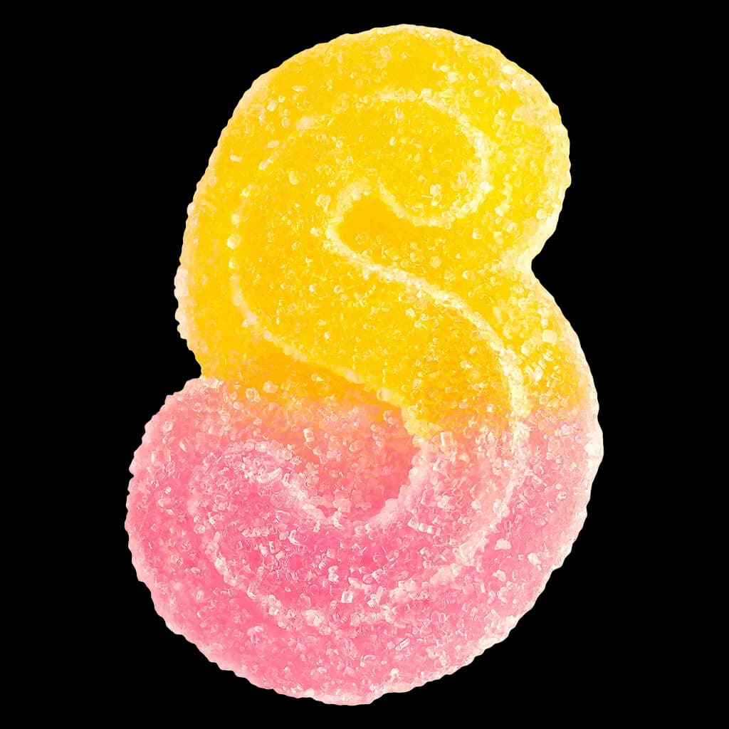 SOURZ by Spinach Pink Lemonade cannabis gummy, yellow and pink sugar-coated soft chew