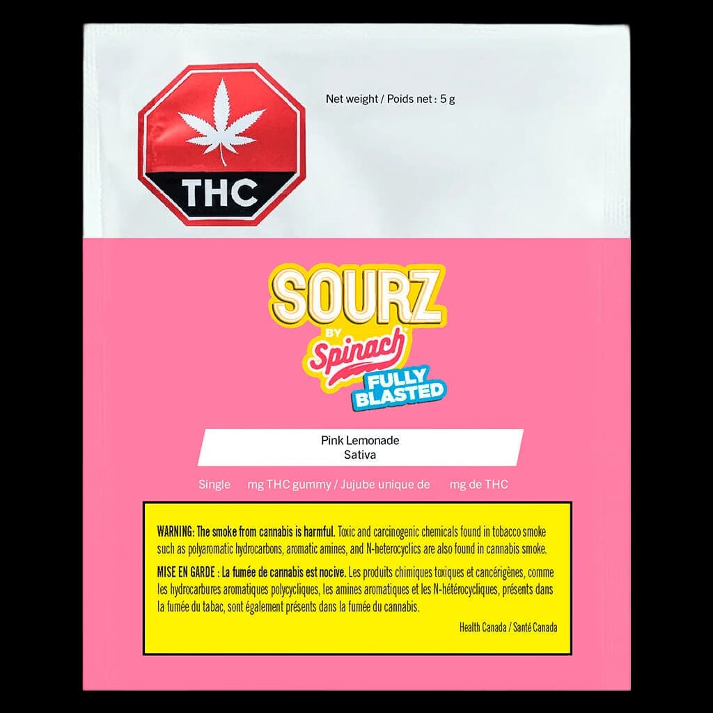 SOURZ by Spinach Fully Blasted Pink Lemonade Sativa gummy package, 5g, with red THC warning symbol and Health Canada warning label