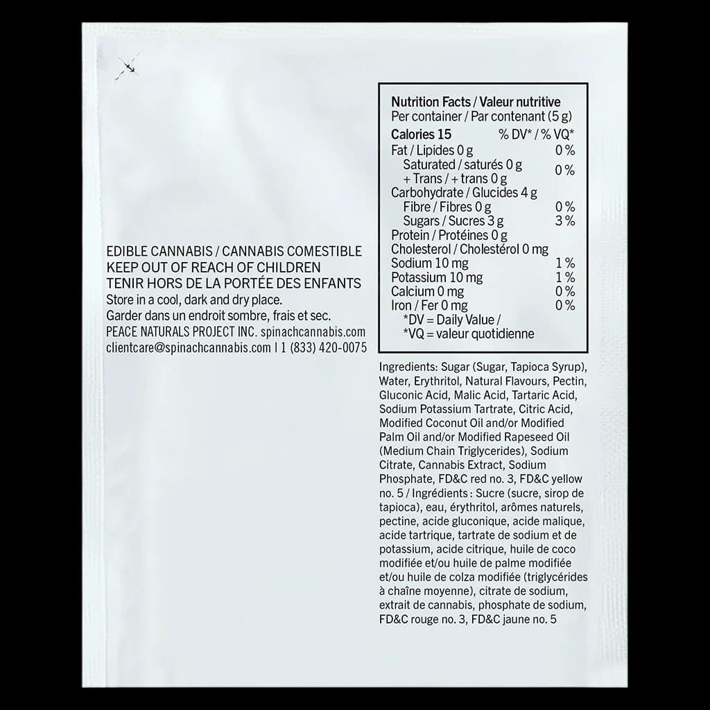 SOURZ by Spinach Fully Blasted Pink Lemonade cannabis gummy package back label showing nutrition facts, ingredients, and storage instructions