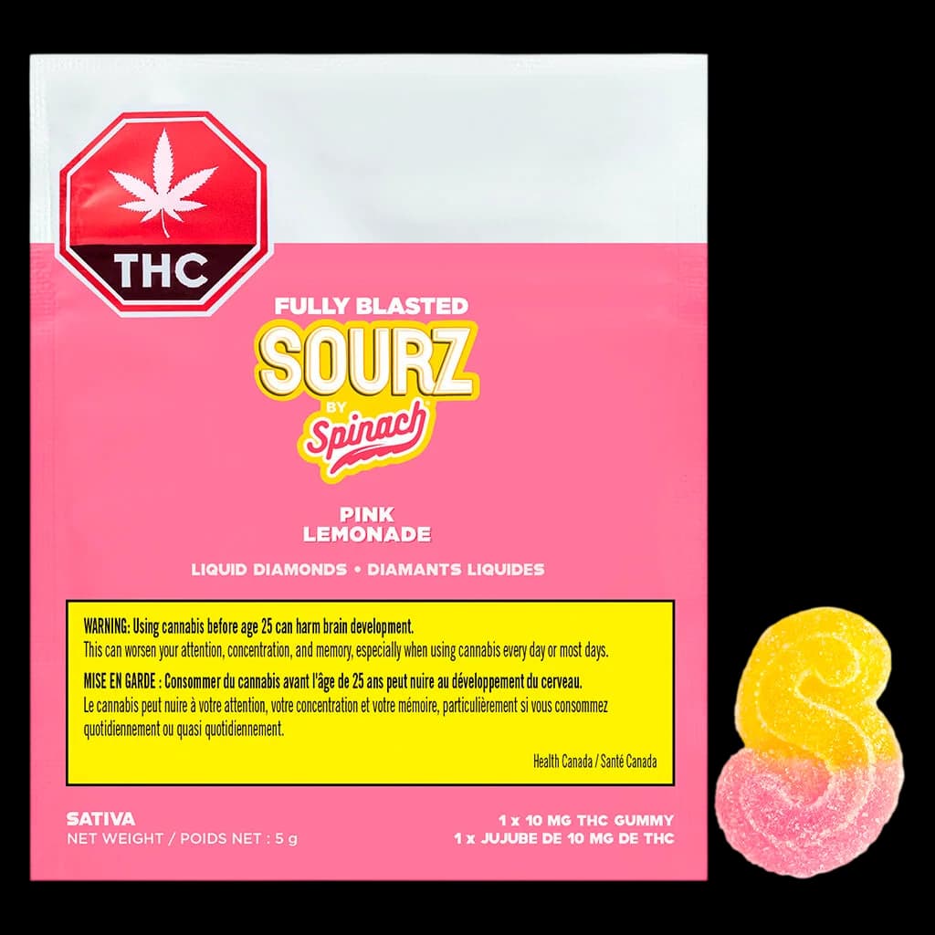Fully Blasted Sourz by Spinach Pink Lemonade cannabis gummy, 5g package with yellow and pink sour candy displayed