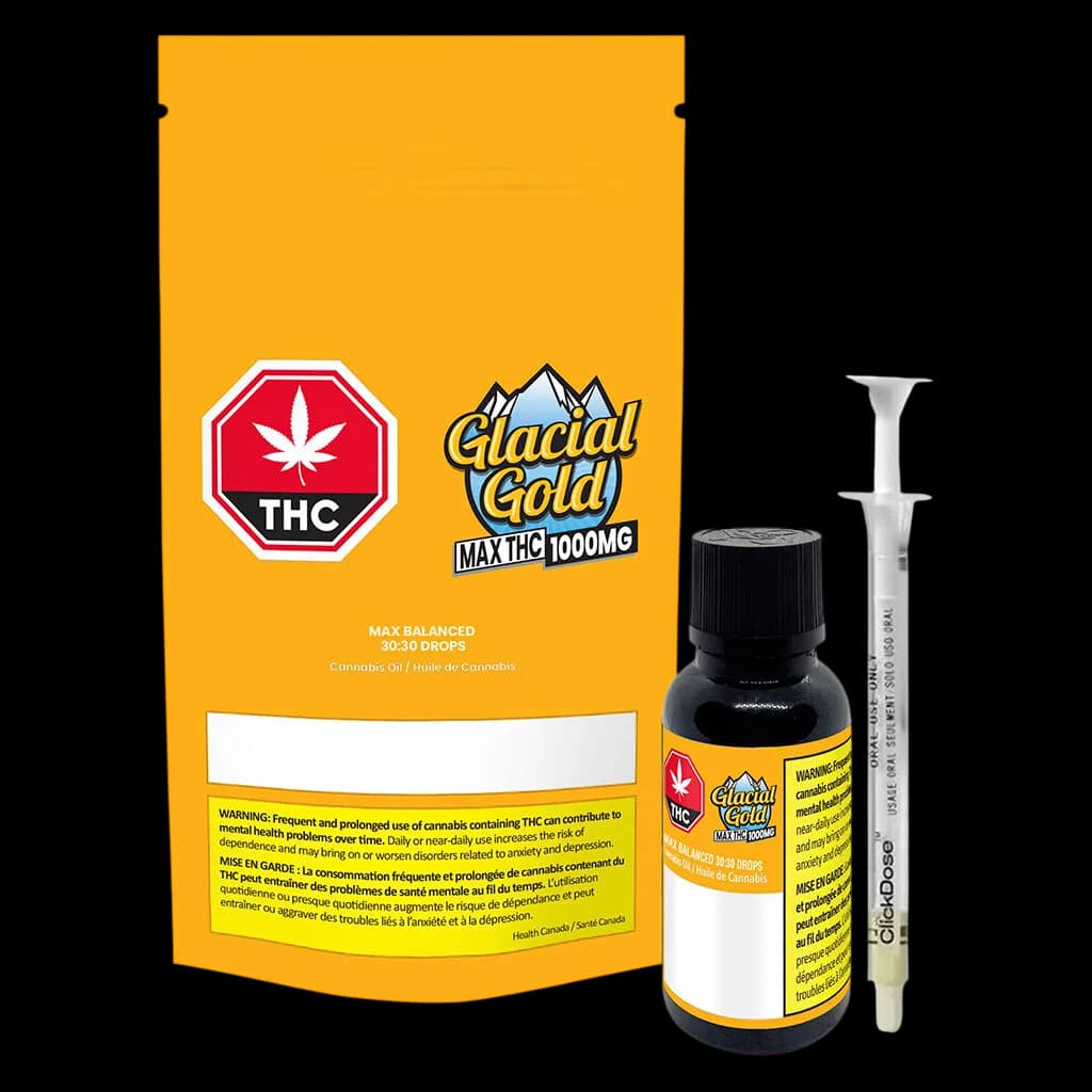 Glacial Gold MAX THC 1000mg balanced cannabis oil 30:30 drops with packaging, bottle, and syringe applicator