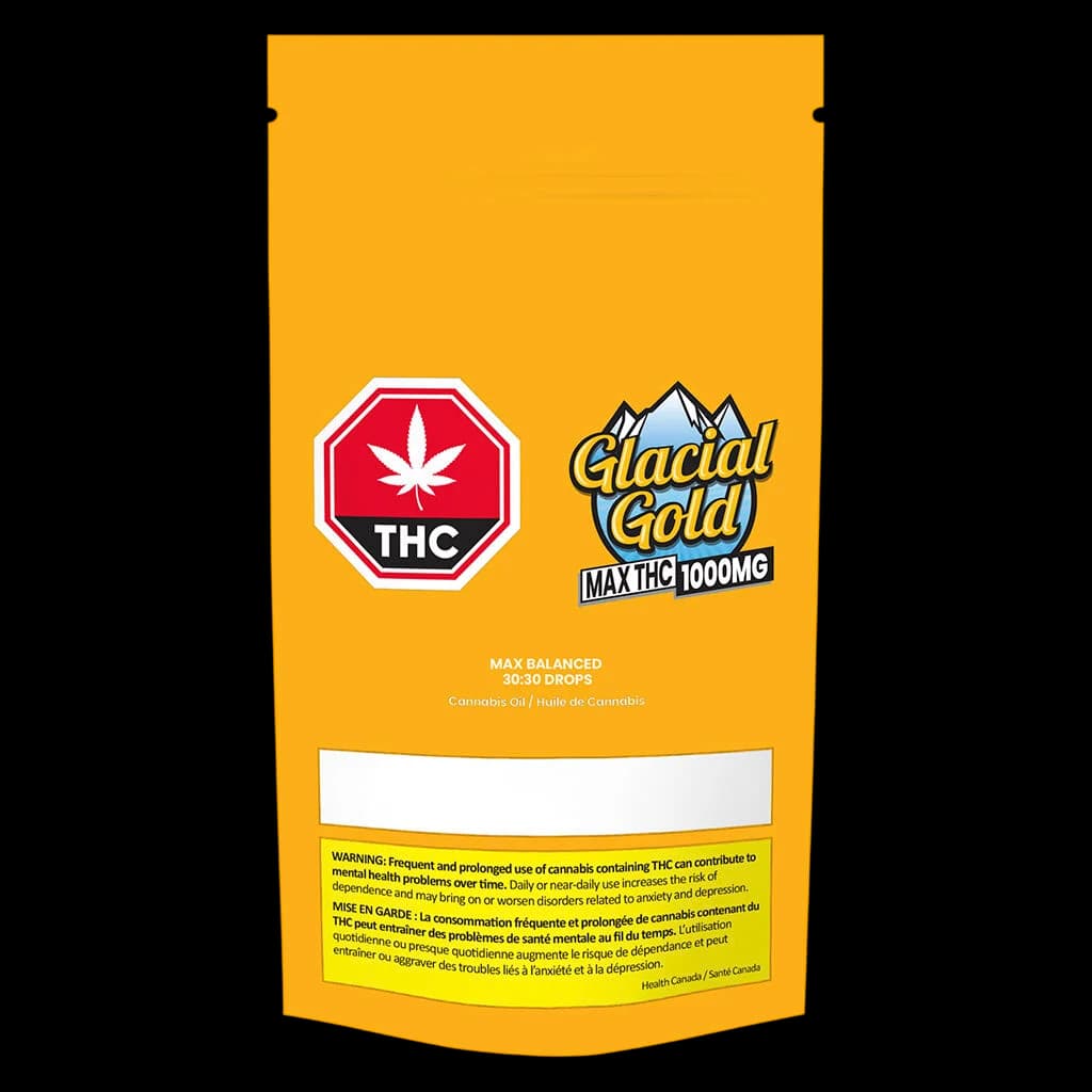 Glacial Gold MAX Balanced 30:30 Drops cannabis oil, 1000mg THC, yellow pouch packaging with red THC warning symbol