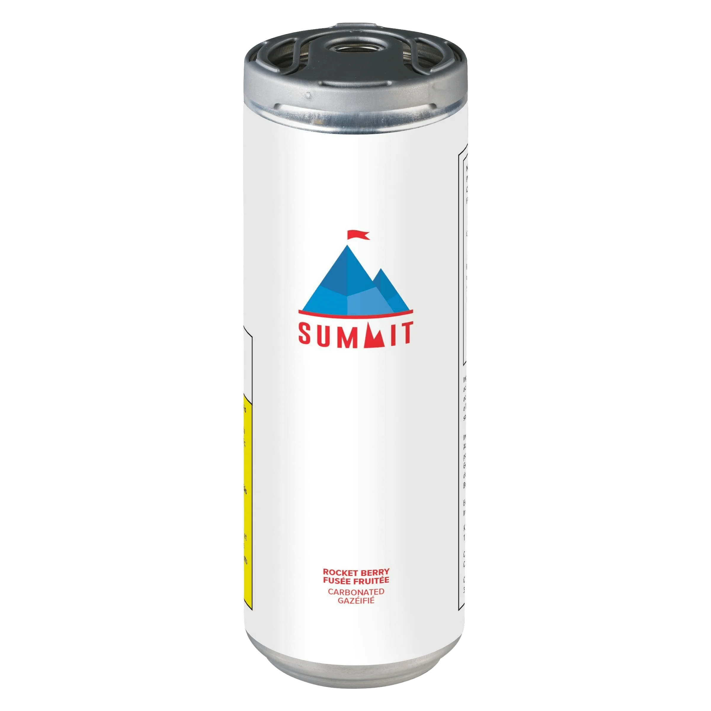 Summit Rocket Berry carbonated cannabis beverage can with blue mountain logo and red flag
