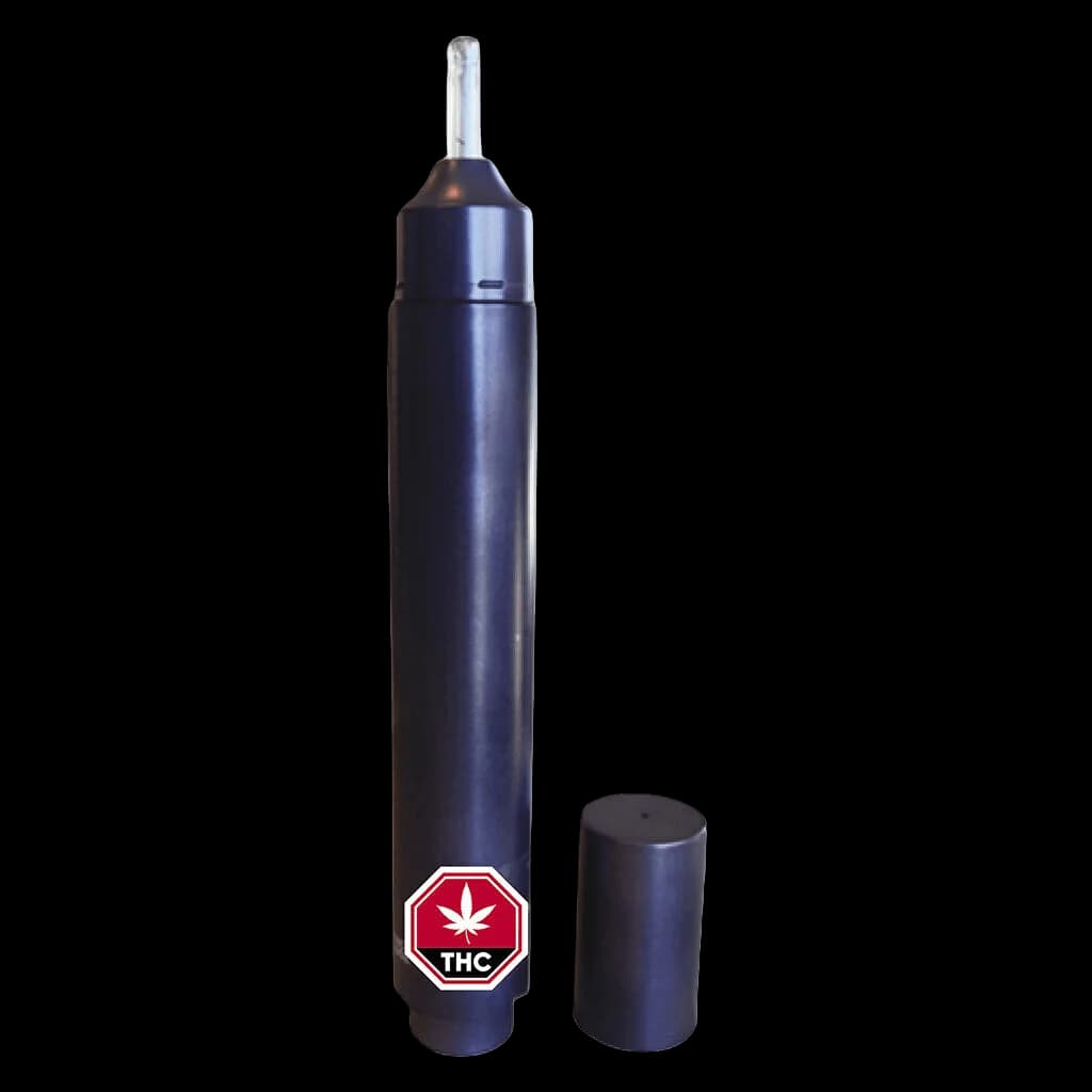 Huile d'intimité High LOVR en applicateur de style stylo bleu foncé avec étiquette d'avertissement THC rouge et capuchon assorti