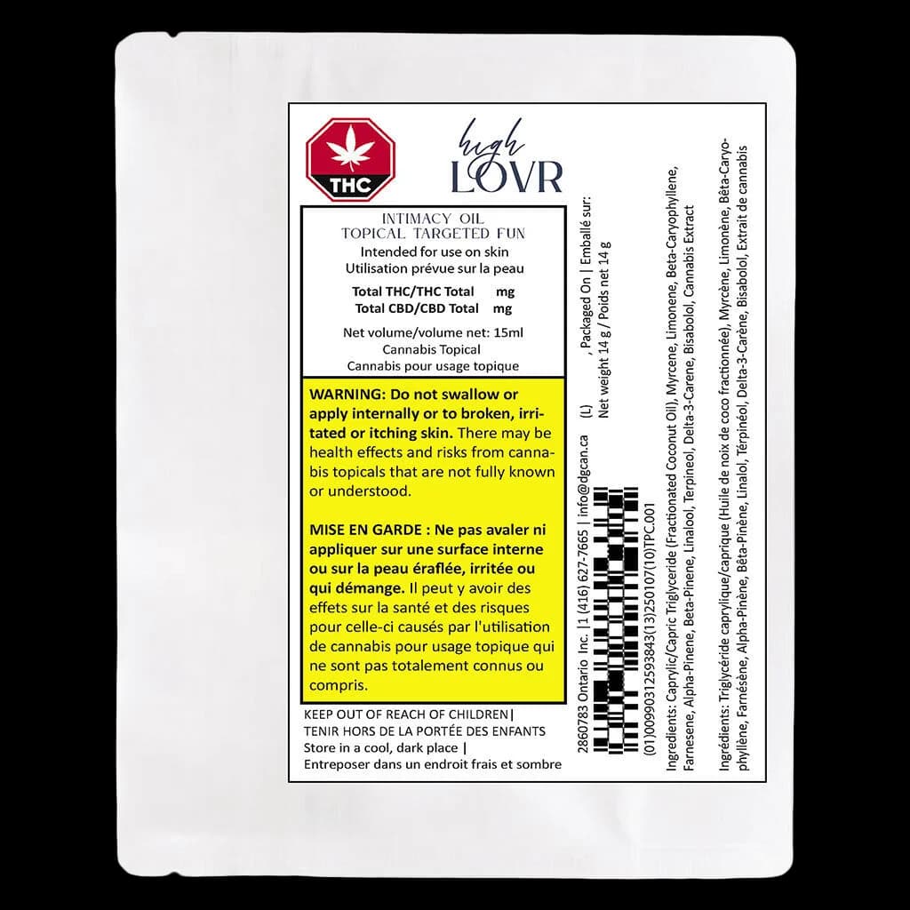 Emballage avant de l'huile d'intimité topique High LOVR 15 ml avec symbole THC rouge, étiquette d'avertissement jaune de Santé Canada et informations sur le produit bilingues