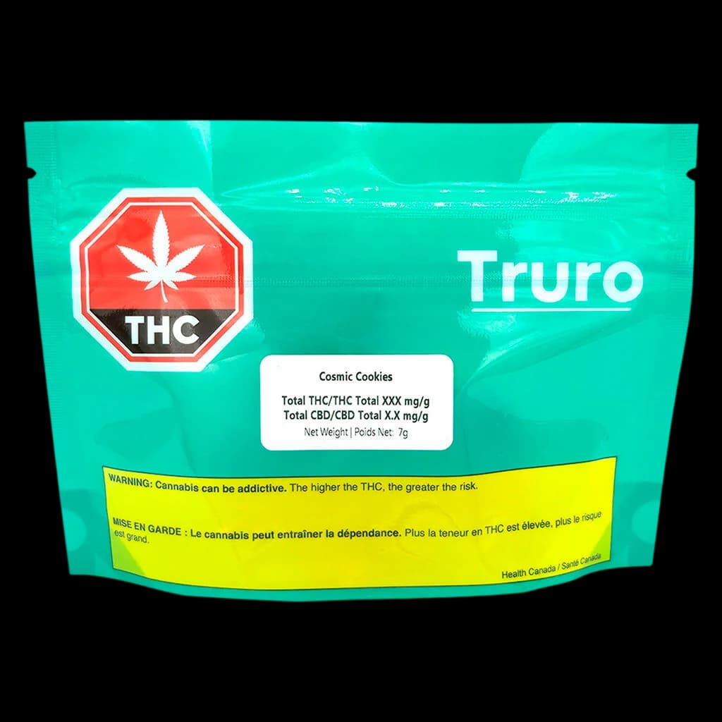Truro Cosmic Cookies 7g cannabis dried flower package with turquoise pouch, red THC warning symbol, and Health Canada warning label