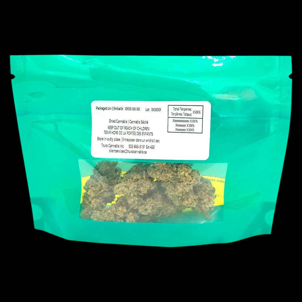 Fleur de cannabis séché Cosmic Cookies de Truro en pochette turquoise refermable avec étiquette de produit et fenêtre d'affichage