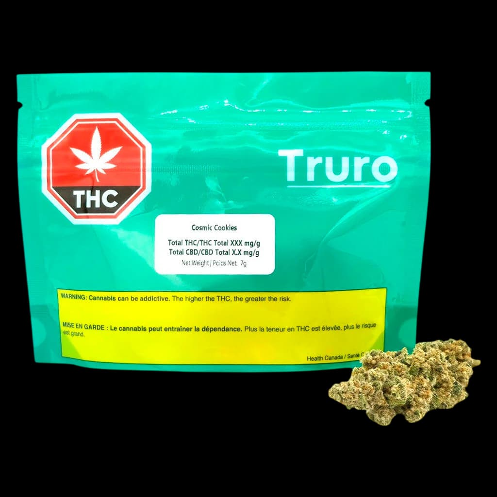 Fleurs de cannabis séchées Cosmic Cookies de Truro 7g avec emballage turquoise, symbole THC rouge et étiquette d'avertissement de Santé Canada