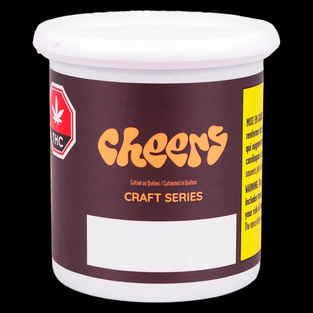 Fleur de cannabis séchée Cheers Craft Series en pot blanc avec étiquette bordeaux et or, cultivée au Québec