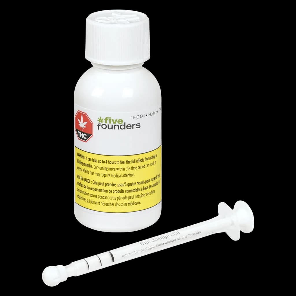Five Founders THC Oil bottle with white cap and included dosage syringe for cannabis oil concentrate