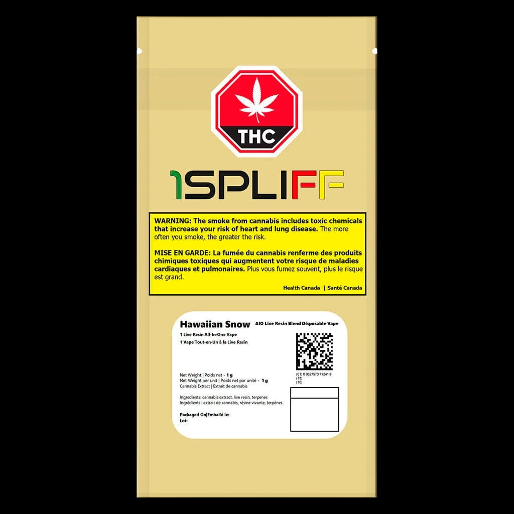 1Spliff Hawaiian Snow AIO Live Resin Blend 1g disposable vape cartridge with THC warning label and Health Canada regulatory information