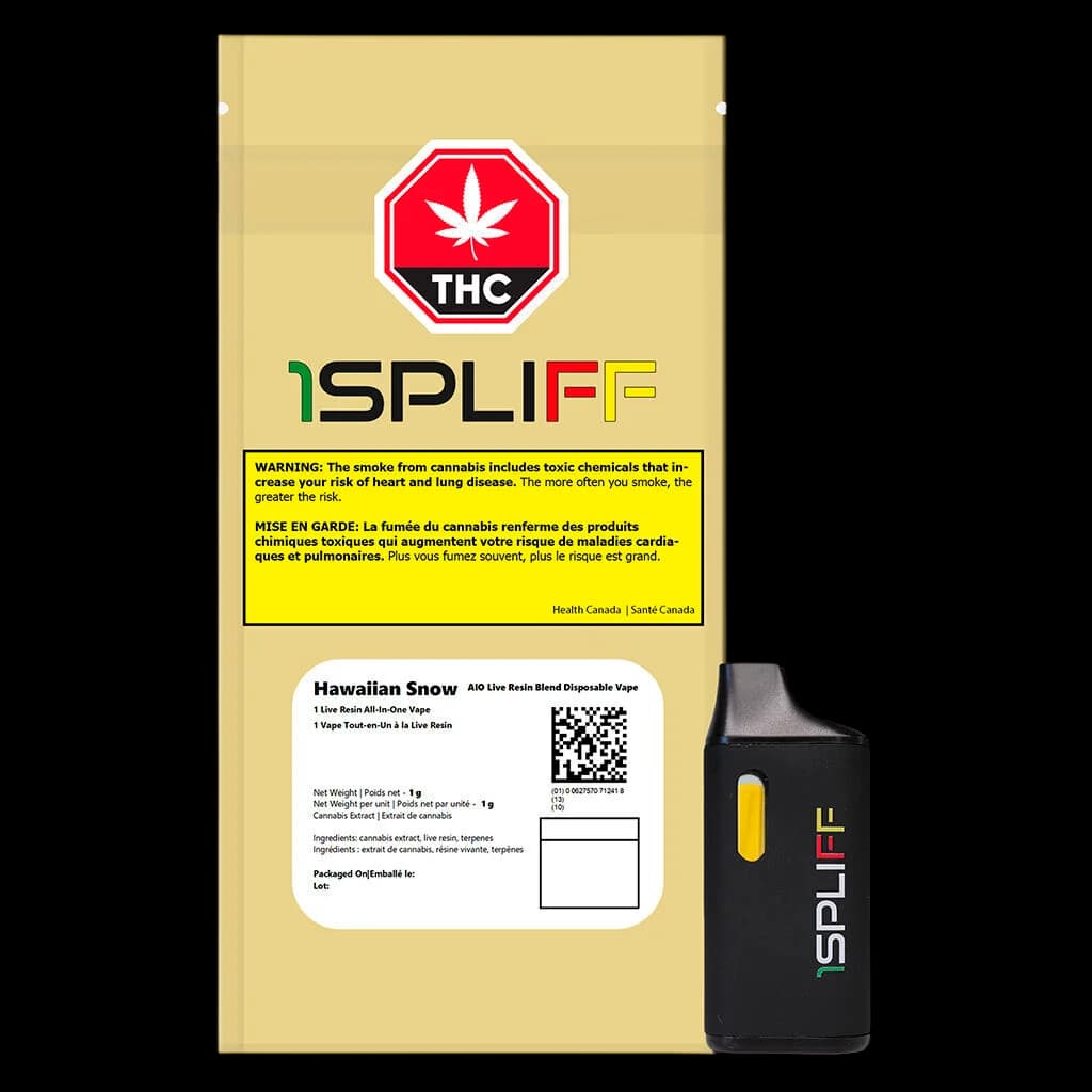 Spliff Hawaiian Snow AIO Live Resin Blend 1g disposable vape with packaging and device shown