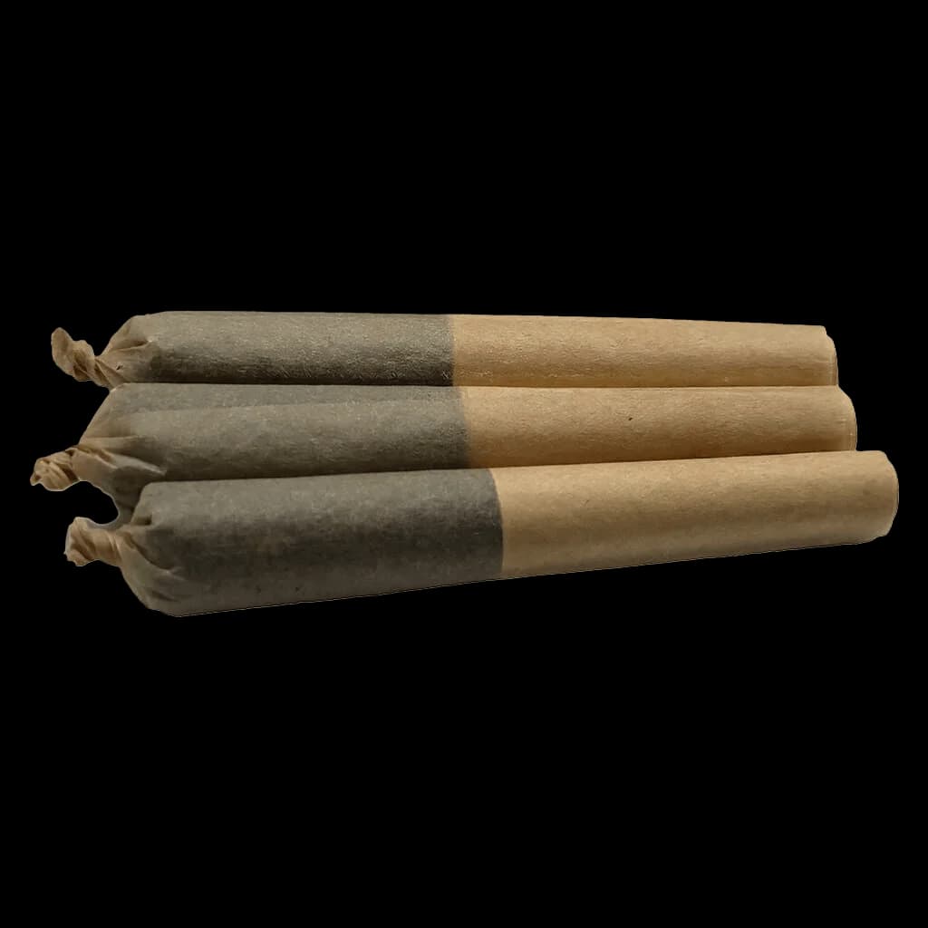 Three Lune Rise Farms Farmers' Market Pure Live Resin Infused pre-rolls with dark cannabis and tan paper wrapping, twisted at ends