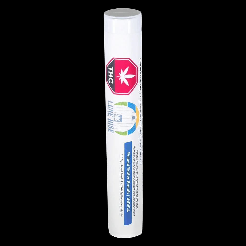 Lune Rise Farms Farmers' Market Pure Live Resin Infused pre-roll tube with red THC badge and product details on white cylindrical packaging