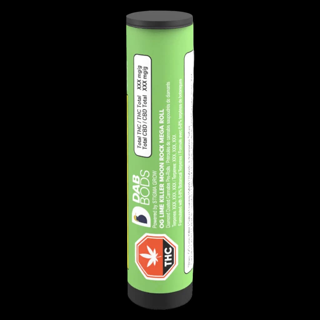 Dab Bods OG Lime Killer Moon Rock Mega pre-roll with THC and CBD potency information on bright green packaging