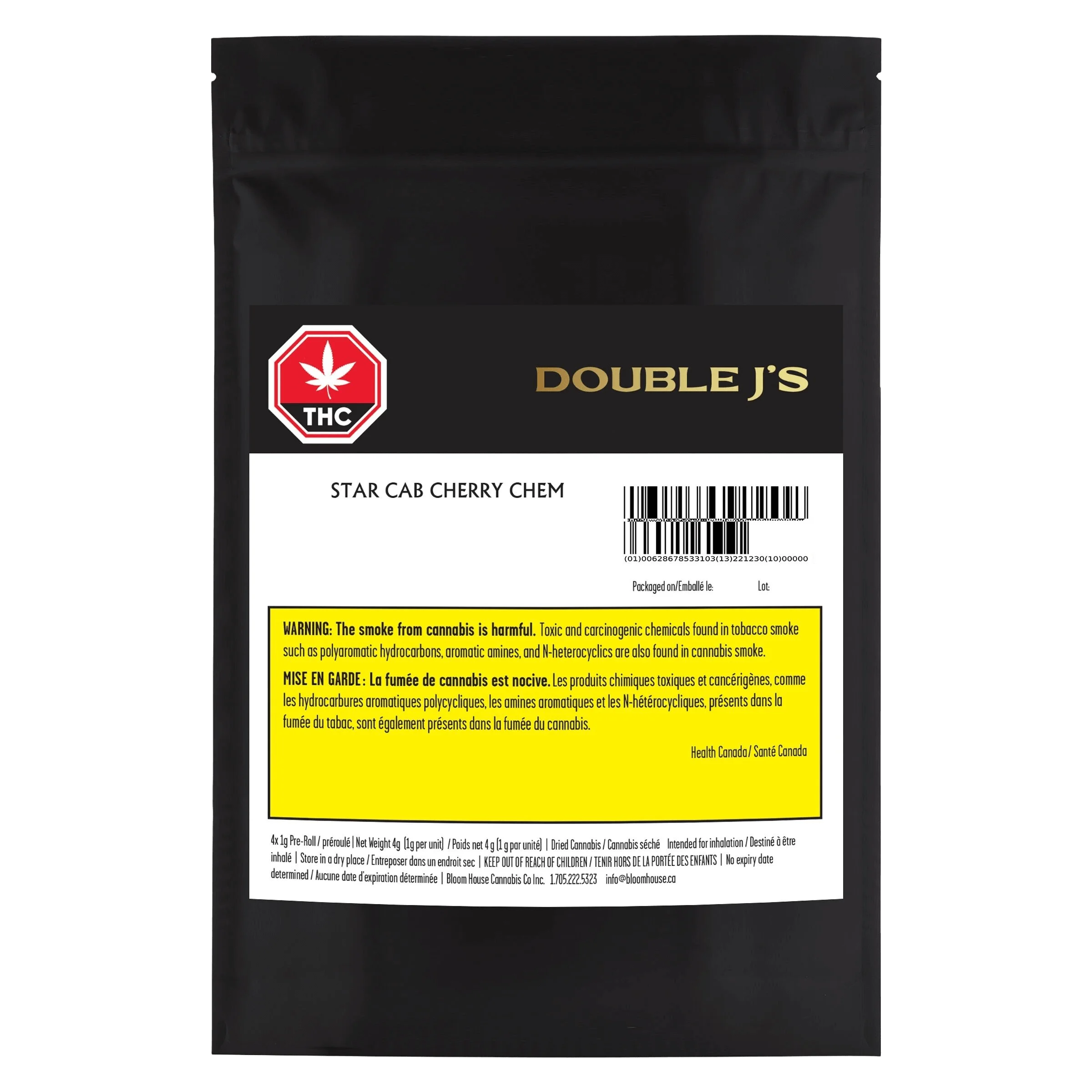 Double J's Star Cab Cherry Chem pre-roll package front with red THC warning symbol, strain name, barcode, and Health Canada warning label