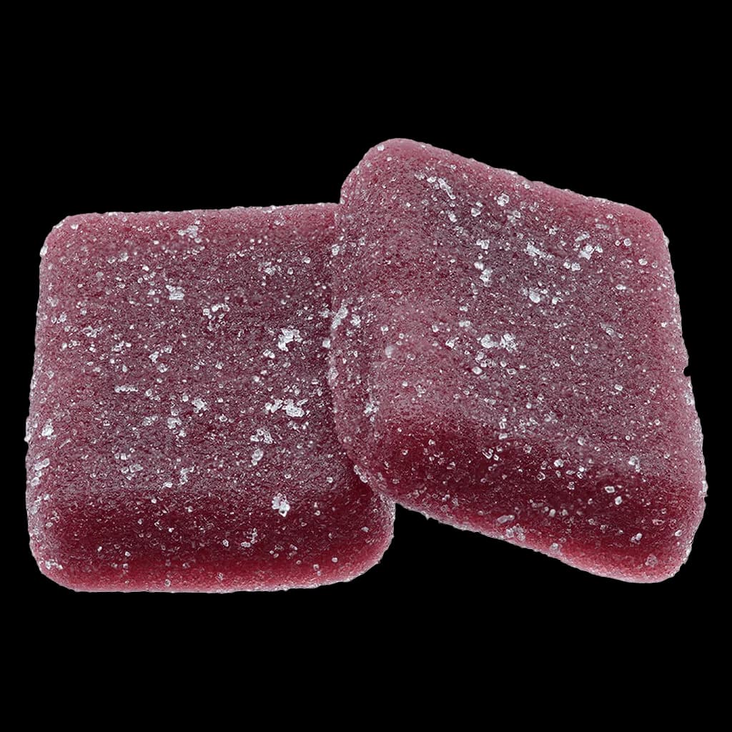 Wyld Real Fruit Marionberry Gummies, two sugar-coated soft chews with maroon colour