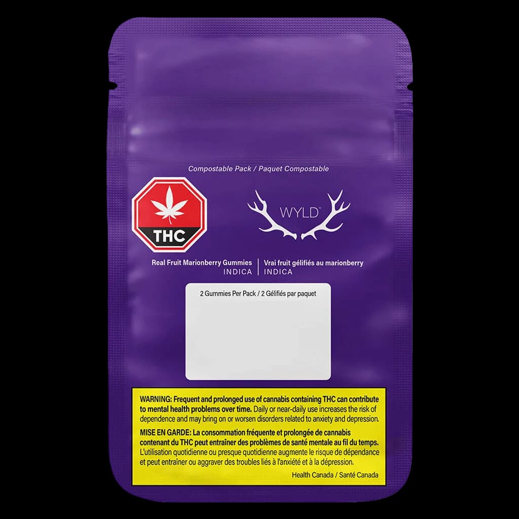 Wyld Real Fruit Marionberry Gummies, 2-pack indica THC edibles in purple compostable packaging with Health Canada warning label