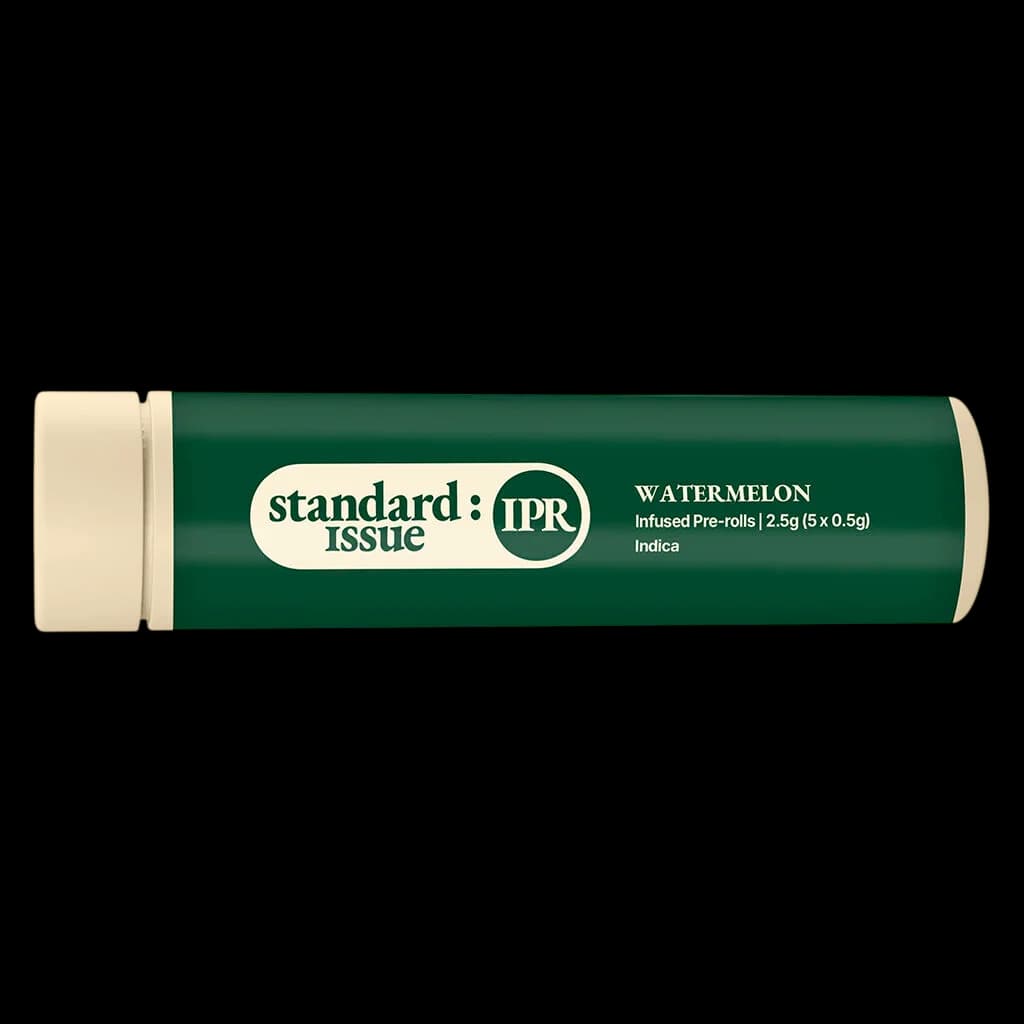 Standard Issue Watermelon infused pre-rolls 2.5g pack with 5 x 0.5g indica pre-rolls in green tube packaging