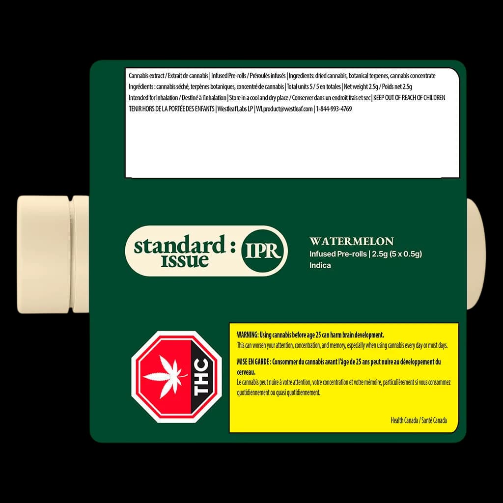 Standard Issue Watermelon Infused Pre-rolls 2.5g pack containing 5 × 0.5g indica cannabis pre-rolls with packaging showing THC warning symbol