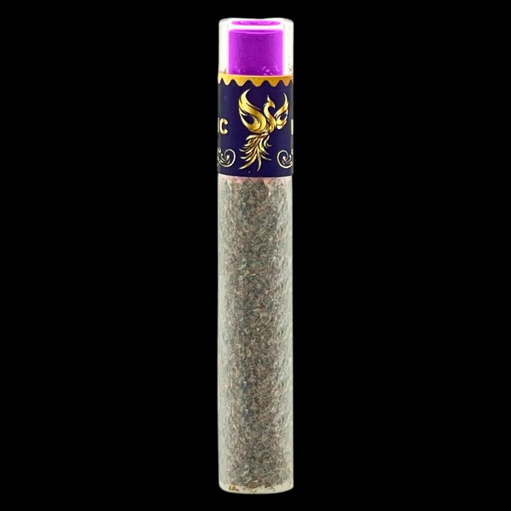 HighXotic Live Rosin Tunnel infused pre-roll with purple filter tip, decorative navy and gold band, and visible cannabis flower in clear tube