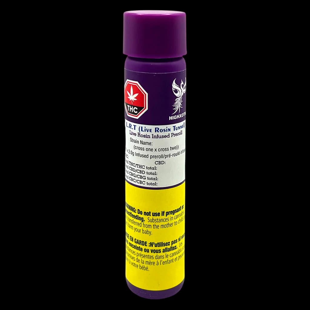 HighXotic L.R.T Live Rosin Tunnel infused pre-roll with purple cap and yellow Health Canada warning label