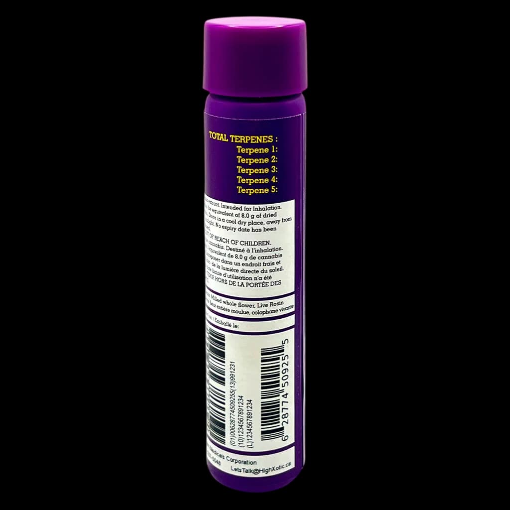 HighXotic L.R.T. Live Rosin Tunnel infused pre-roll with purple packaging showing terpene profile and regulatory information