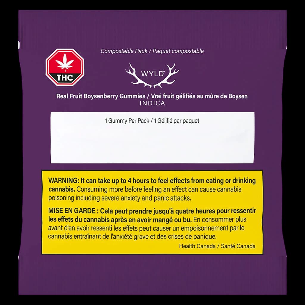 WYLD Real Fruit Boysenberry Gummies Indica, 1 gummy per pack, in compostable packaging with THC warning label