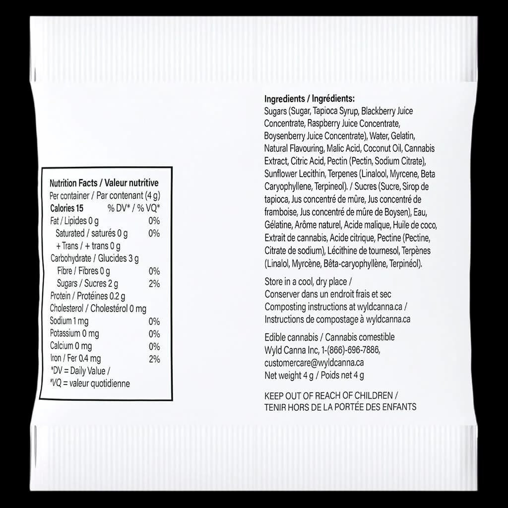 Wyld Real Fruit Boysenberry Gummies Indica 4g package rear label showing nutrition facts, ingredients, and cannabis extract details