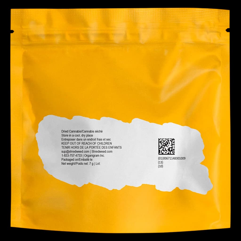 Emballage de fleurs séchées de cannabis SHRED Tropic Thunder 14 g avec pochette jaune, badge THC et image de marque aux agrumes tropicaux