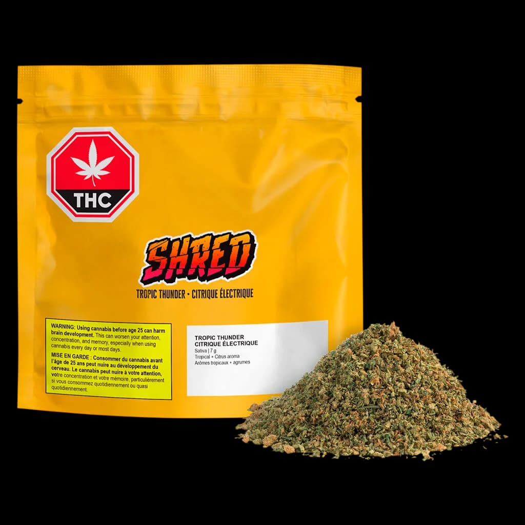 Fleurs de cannabis séchées SHRED Tropic Thunder, tas en vrac montrant de la matière florale verte et beige
