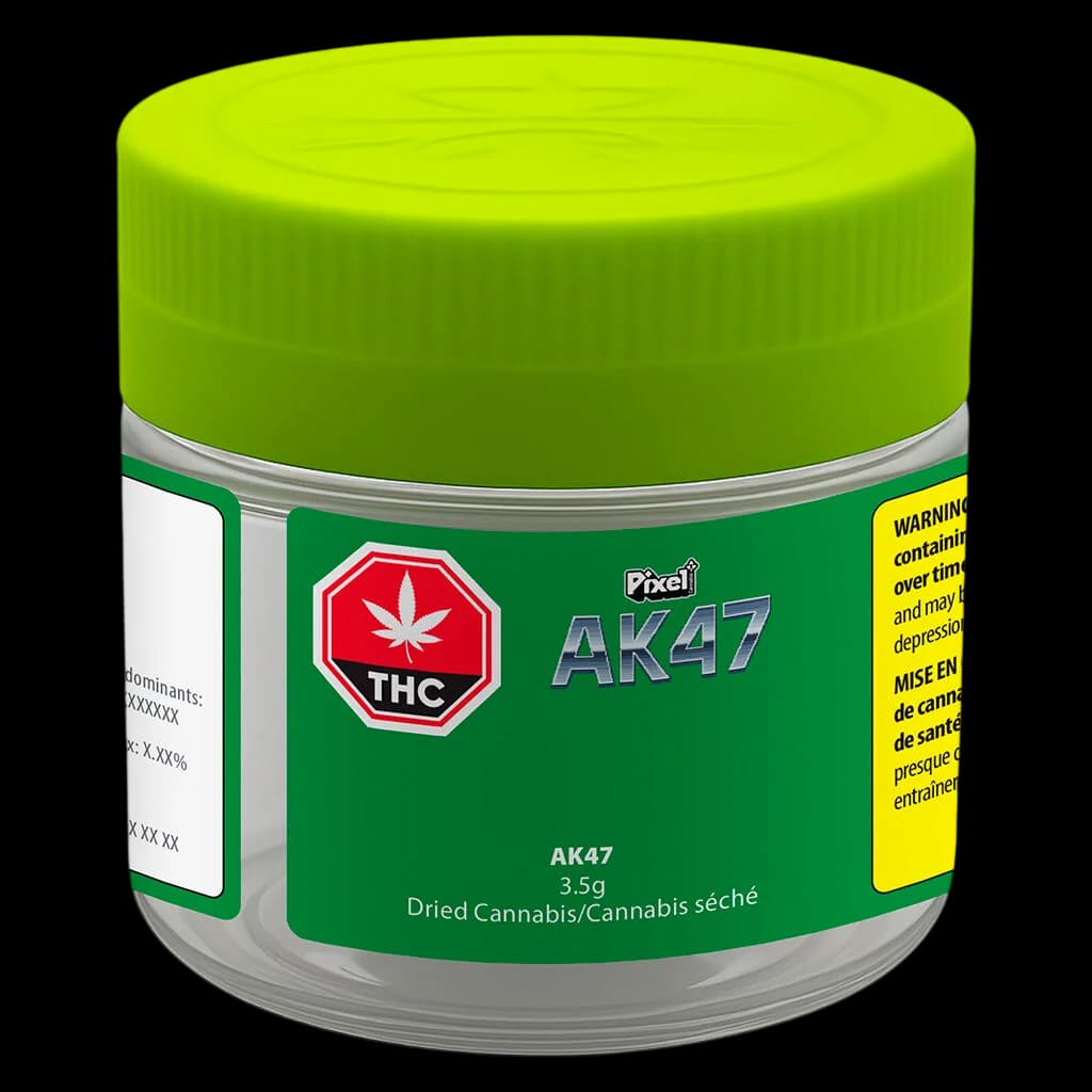 Pixel AK47 3.5g dried cannabis flower in glass jar with green lid and bilingual packaging