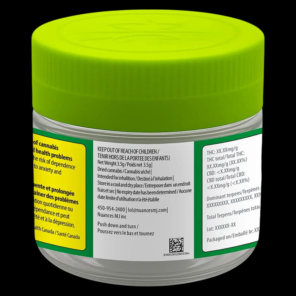 Pixel AK 47 3.5g dried cannabis flower in glass jar with green lid, showing Health Canada warning label and potency information