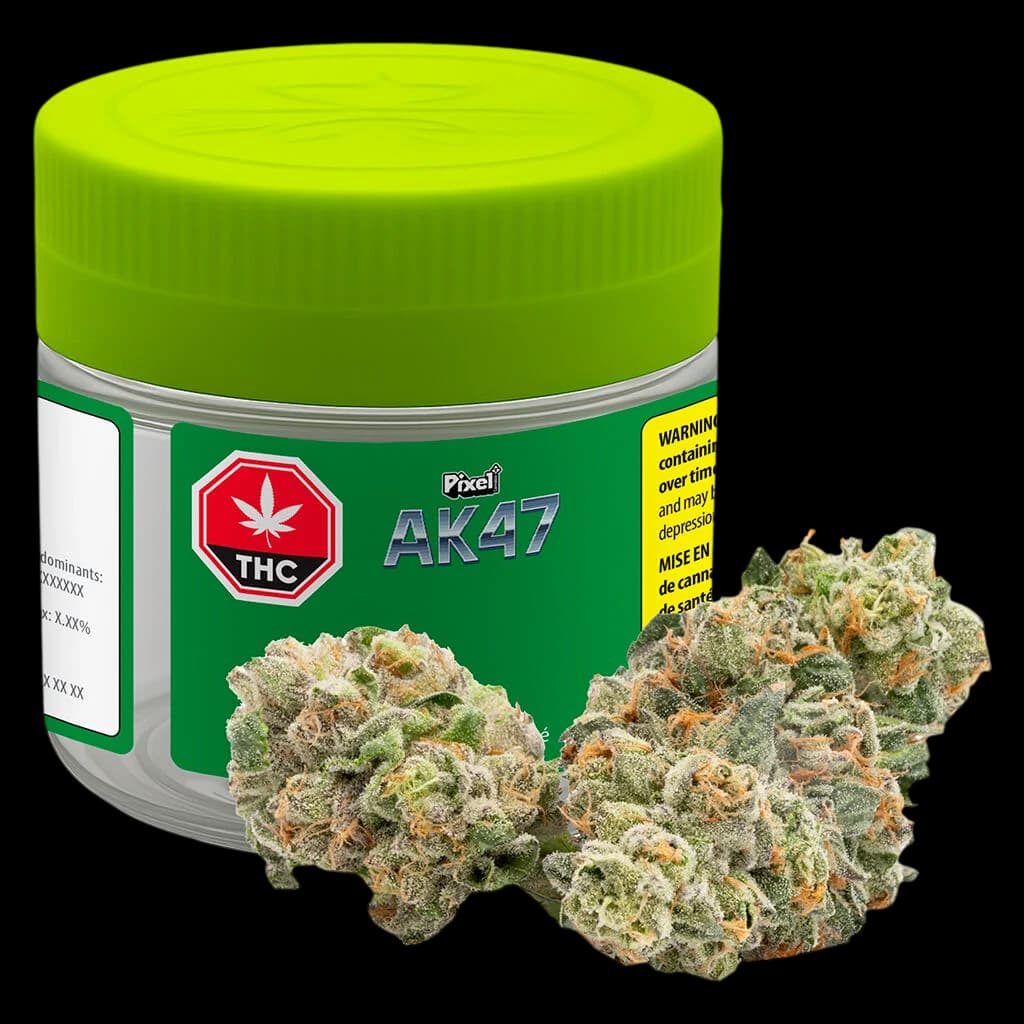 Pixel AK47 cannabis dried flower with lime-green jar and red THC warning symbol on green packaging