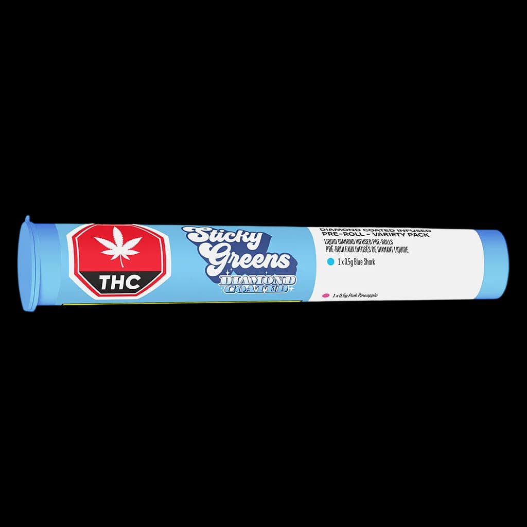 Sticky Greens Diamond Coated pre-roll variety pack tube containing Blue Shark and Pink Pineapple infused cannabis pre-rolls