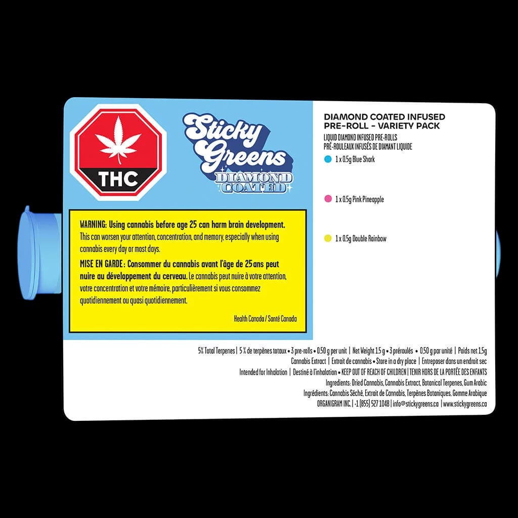 Emballage-variété de préroulés infusés enrobés de diamants Sticky Greens, offert dans les variétés Blue Shark, Pink Pineapple et Double Rainbow, 0,5 g chacun