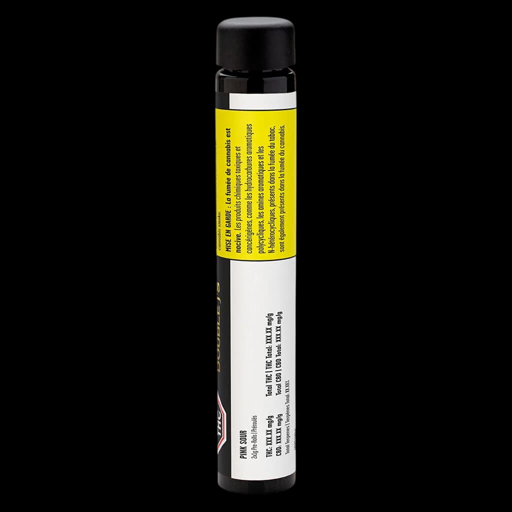 Pré-roulé de cannabis Pink Sour de Double J's dans un emballage tubulaire noir avec étiquette d'avertissement jaune