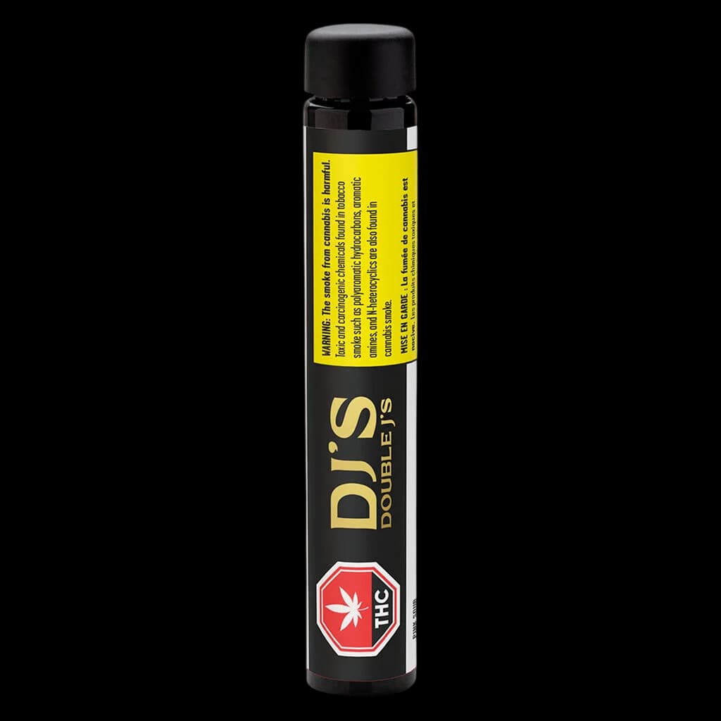 Dr. Doubleji's pre-roll pack with yellow warning label and THC symbol on black packaging