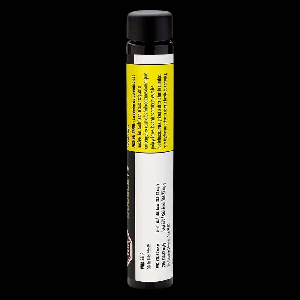 Tube de pré-roulé Pink Sour de Double J's avec étiquette d'avertissement jaune de Santé Canada et capuchon noir