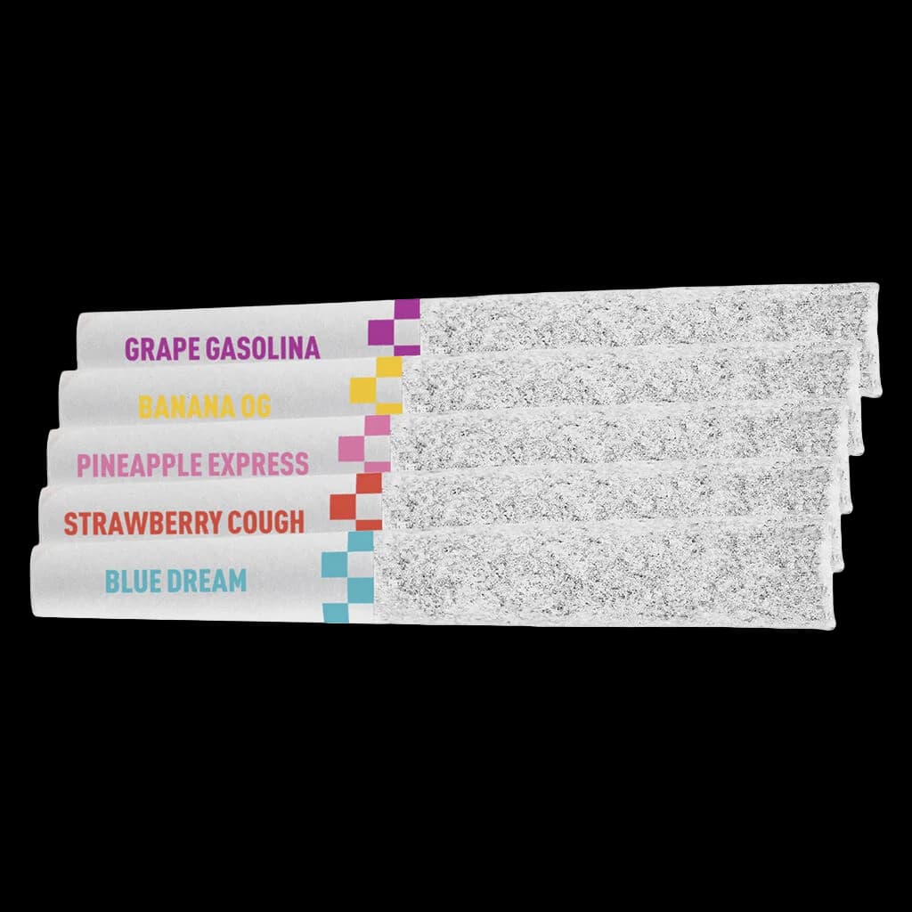 Assortiment de pré-roulés infusés givrés Flyers de Claybourne avec cinq saveurs de souches : Grape Gasolina, Banana OG, Pineapple Express, Strawberry Cough et Blue Dream