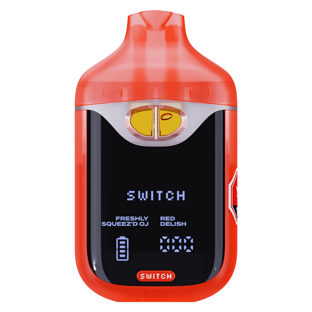 Boutiq Switch 95+ Digital Diamonds disposable pen in red, displaying Freshly Squeez'd OJ and Red Delish flavours on black screen