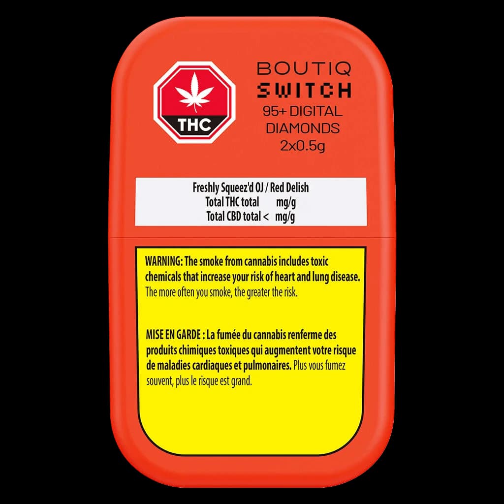 Boutiq Switch 95+ Digital Diamonds 2x0.5g concentrate package with red exterior, THC warning symbol, and yellow Health Canada warning label
