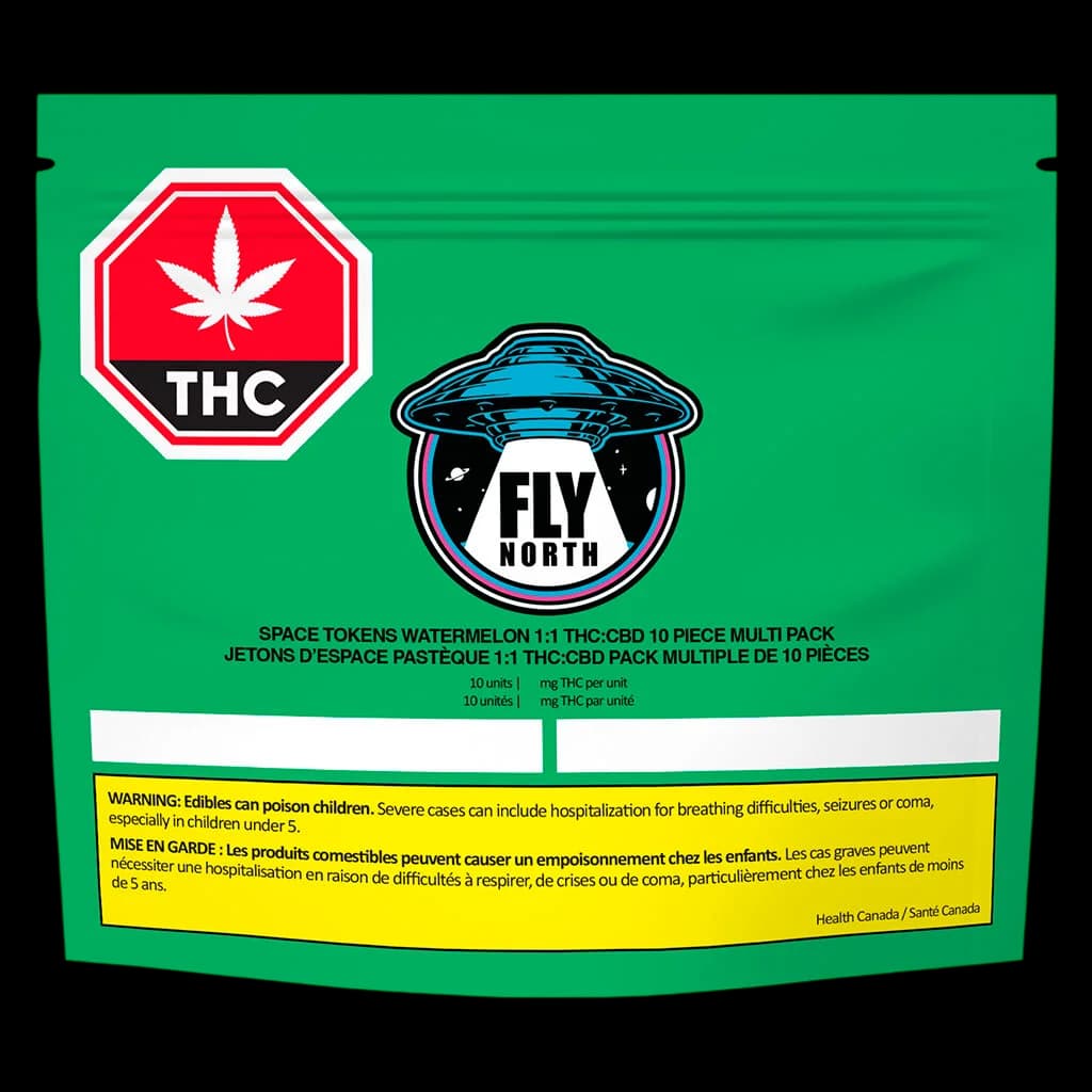 Fly North Space Tokens Watermelon 1:1 THC:CBD 10-piece edible multi pack with red THC warning symbol and Health Canada advisory label on green packaging