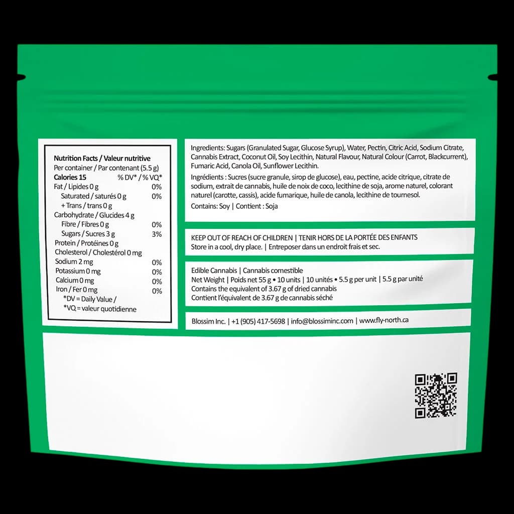 Blossom Inc. cannabis edible gummies package rear showing nutrition facts, ingredients, dosage, and Health Canada warnings for 55g multipack