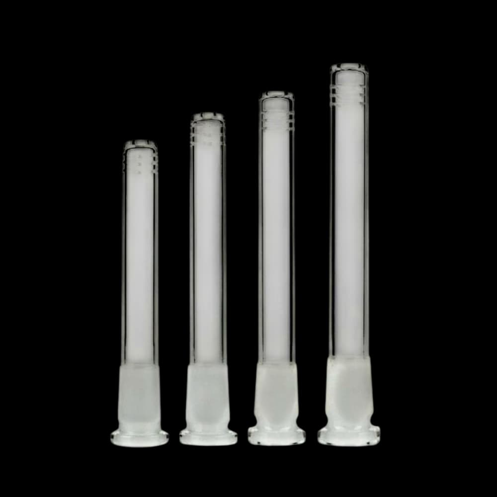 Four clear glass replacement downstems in graduated sizes, 5-inch cannabis bong parts with metal-rimmed tops