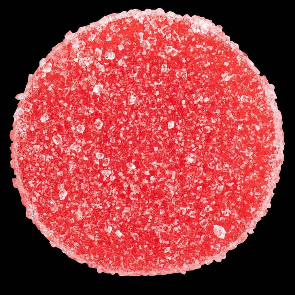 FLY NORTH Sour Thimbleberry Soft Chews, red and pink sugar-coated cannabis gummies